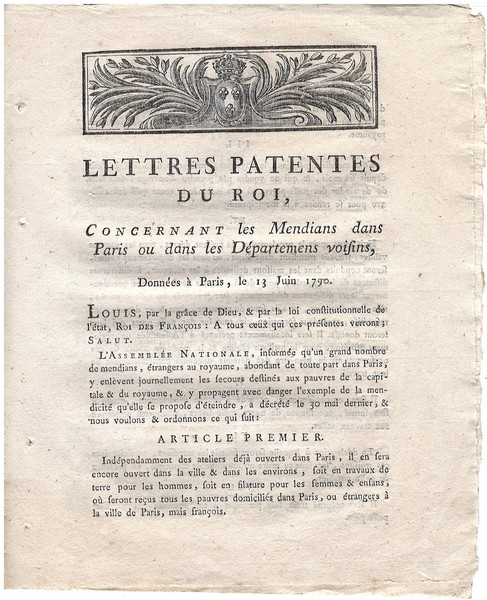 Lettres Patentes du Roi contre la mendicité 1790