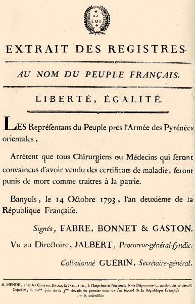 Photo 2 : Arrêté du 14 octobre 1793, extrait des registres des arrêtés des Représentants du Peuple en mission, Banyuls, Pyrénées-Orientales © Musée national de l’Assurance maladie