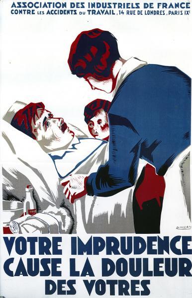 Photo 2 : «  Votre imprudence cause la douleur des vôtres », photographie d’une plaque métallique de l’Association des Industries de France que la prévention des accidents du travail, 1931, © collection particulière, J.L. Charmet, Paris