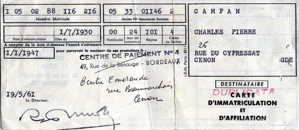 Photo 4 : Carte d’immatriculation et d’affiliation, Campan Charles, 19/05/1961 ©Musée national de l’Assurance maladie