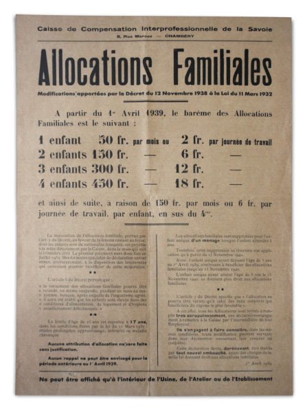 Photo 6 : Affiche sur les Allocations familiales, 1939, Caisse de compensation interprofessionnelle de la Savoie © Musée national de l’Assurance maladie